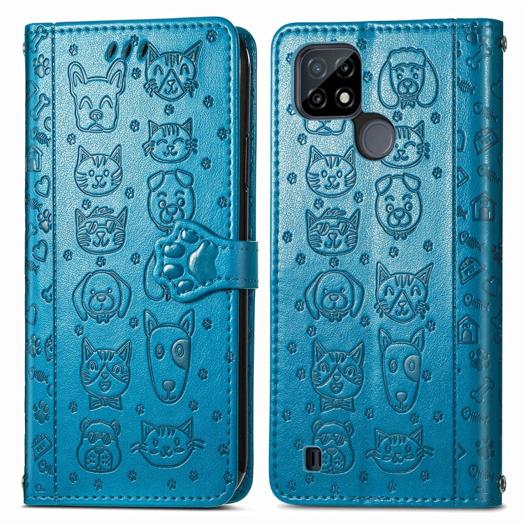 For OPPO Realme C21Y Cat and Dog Embossed Horizontal Flip Phone Leather Case with Holder & Card Slot & Wallet & Lanyard
