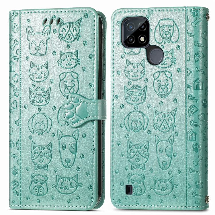 For OPPO Realme C21Y Cat and Dog Embossed Horizontal Flip Phone Leather Case with Holder & Card Slot & Wallet & Lanyard