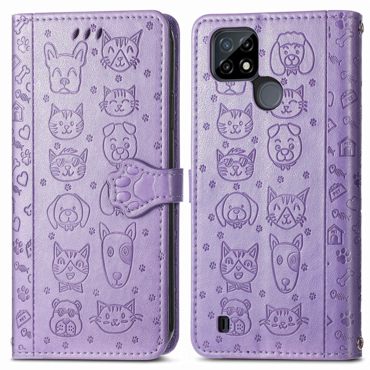 For OPPO Realme C21Y Cat and Dog Embossed Horizontal Flip Phone Leather Case with Holder & Card Slot & Wallet & Lanyard