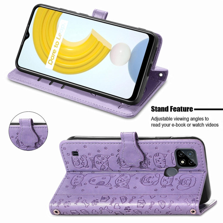 For OPPO Realme C21Y Cat and Dog Embossed Horizontal Flip Phone Leather Case with Holder & Card Slot & Wallet & Lanyard