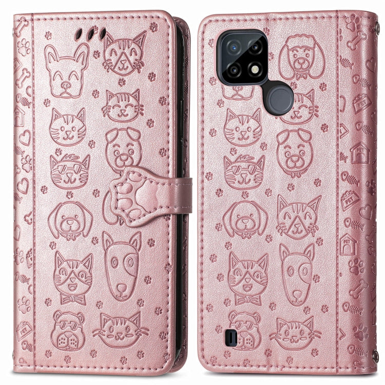 For OPPO Realme C21Y Cat and Dog Embossed Horizontal Flip Phone Leather Case with Holder & Card Slot & Wallet & Lanyard