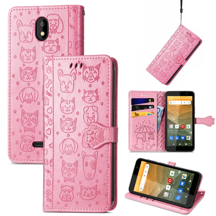 For Vodafone Smart E11 Cat and Dog Embossed Horizontal Flip Phone Leather Case with Holder & Card Slot & Wallet & Lanyard