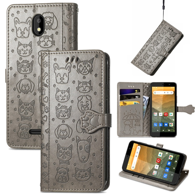 For Vodafone Smart E11 Cat and Dog Embossed Horizontal Flip Phone Leather Case with Holder & Card Slot & Wallet & Lanyard