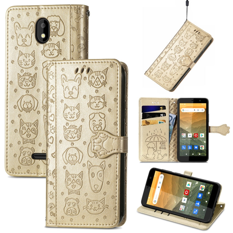For Vodafone Smart E11 Cat and Dog Embossed Horizontal Flip Phone Leather Case with Holder & Card Slot & Wallet & Lanyard