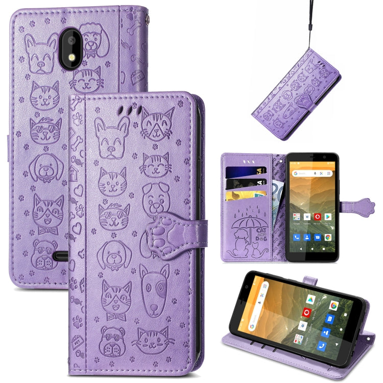 For Vodafone Smart E11 Cat and Dog Embossed Horizontal Flip Phone Leather Case with Holder & Card Slot & Wallet & Lanyard