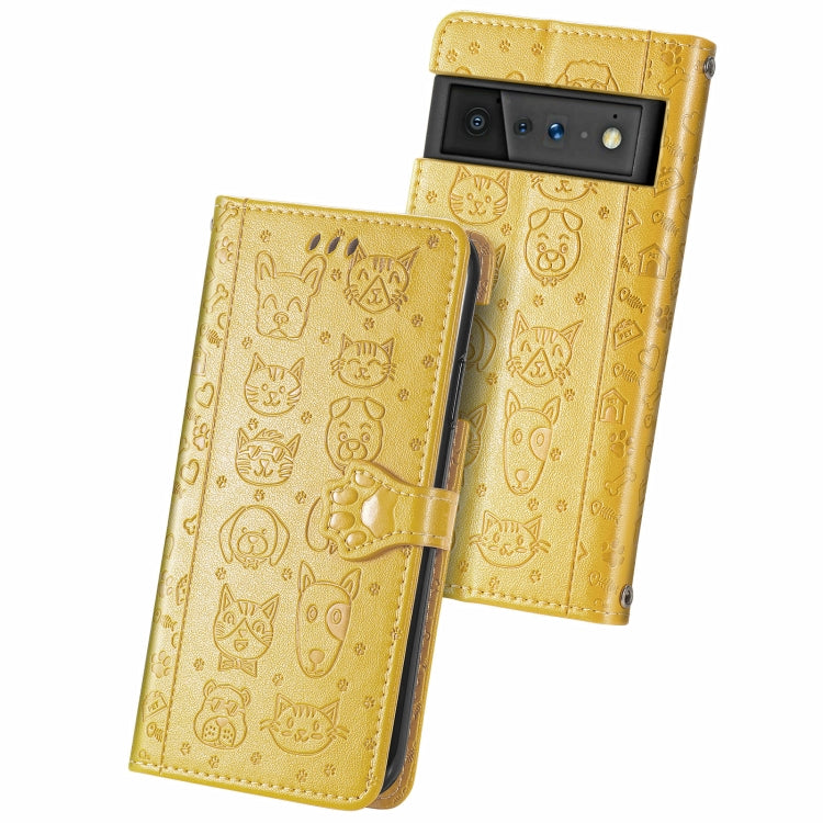 For Google Pixel 6 Cat and Dog Embossed Horizontal Flip Phone Leather Case with Holder & Card Slot & Wallet & Lanyard