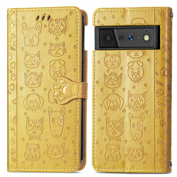 For Google Pixel 6 Cat and Dog Embossed Horizontal Flip Phone Leather Case with Holder & Card Slot & Wallet & Lanyard