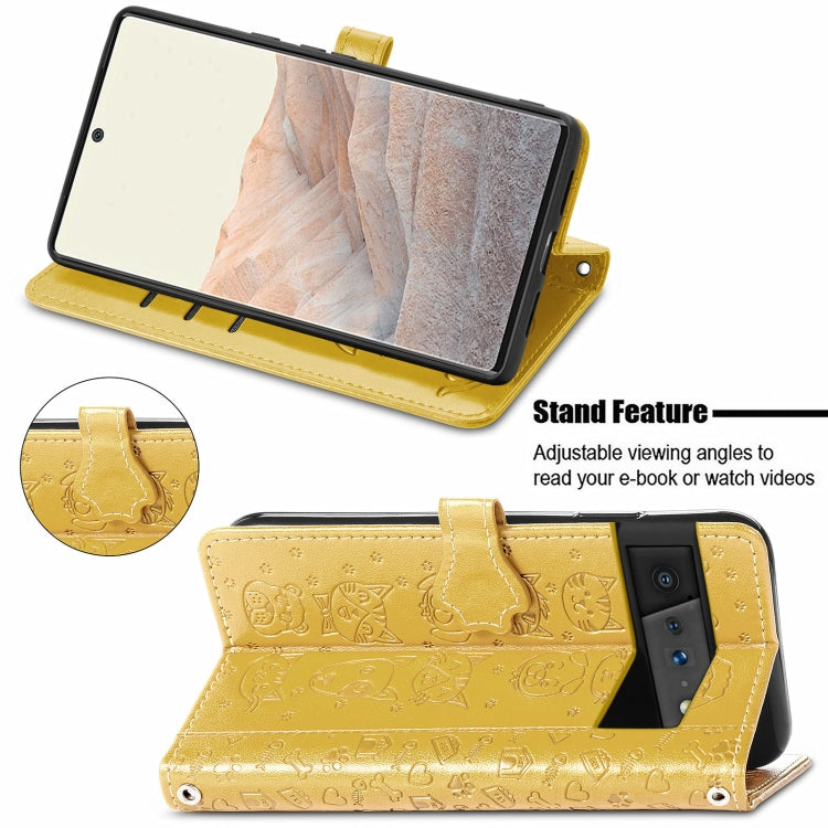 For Google Pixel 6 Cat and Dog Embossed Horizontal Flip Phone Leather Case with Holder & Card Slot & Wallet & Lanyard