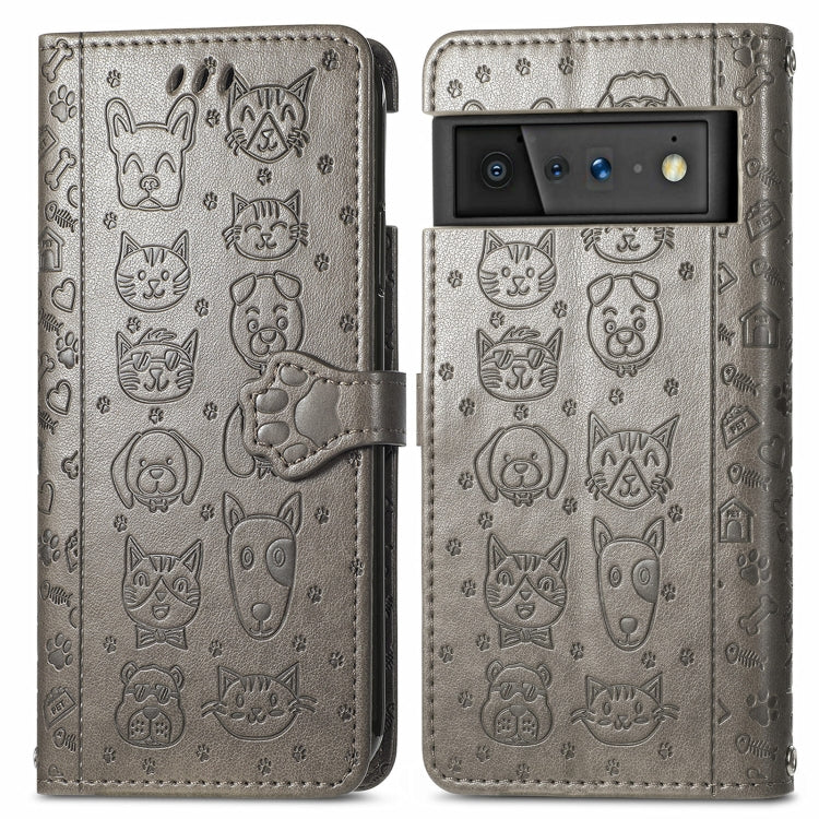 For Google Pixel 6 Cat and Dog Embossed Horizontal Flip Phone Leather Case with Holder & Card Slot & Wallet & Lanyard