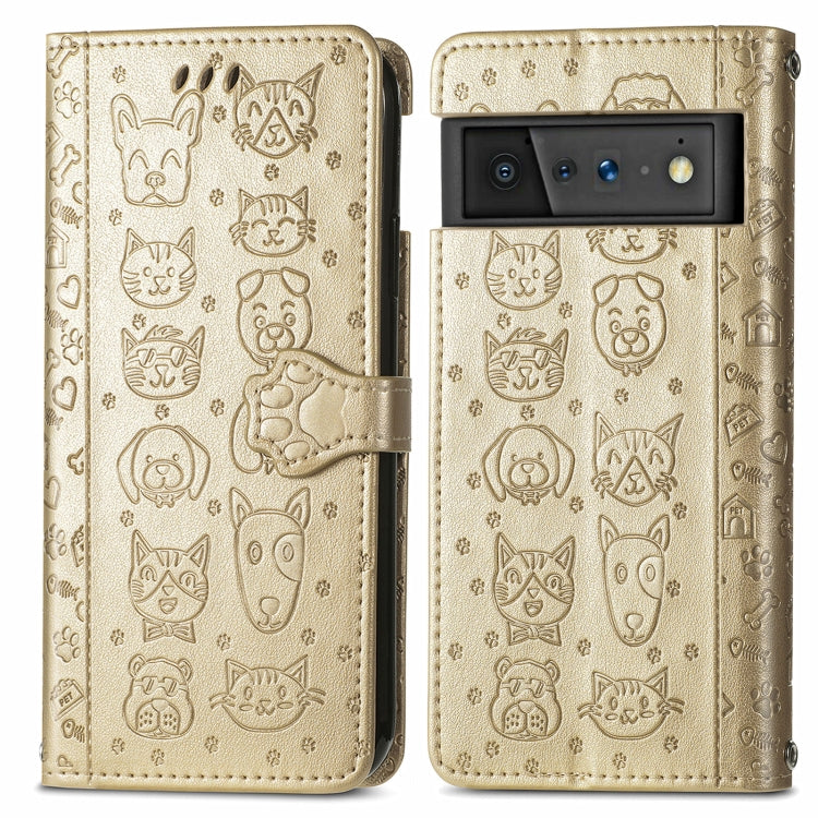 For Google Pixel 6 Cat and Dog Embossed Horizontal Flip Phone Leather Case with Holder & Card Slot & Wallet & Lanyard