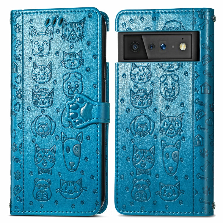 For Google Pixel 6 Cat and Dog Embossed Horizontal Flip Phone Leather Case with Holder & Card Slot & Wallet & Lanyard