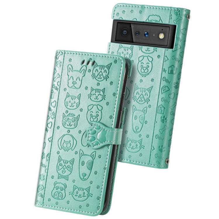 For Google Pixel 6 Cat and Dog Embossed Horizontal Flip Phone Leather Case with Holder & Card Slot & Wallet & Lanyard