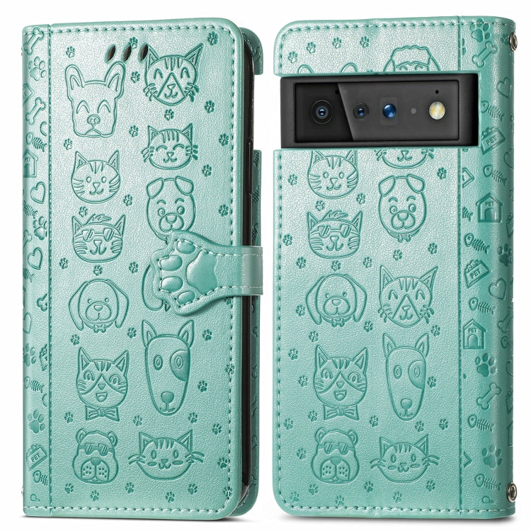 For Google Pixel 6 Cat and Dog Embossed Horizontal Flip Phone Leather Case with Holder & Card Slot & Wallet & Lanyard