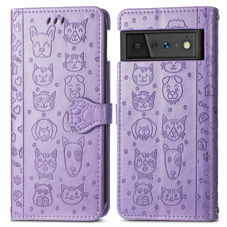 For Google Pixel 6 Cat and Dog Embossed Horizontal Flip Phone Leather Case with Holder & Card Slot & Wallet & Lanyard
