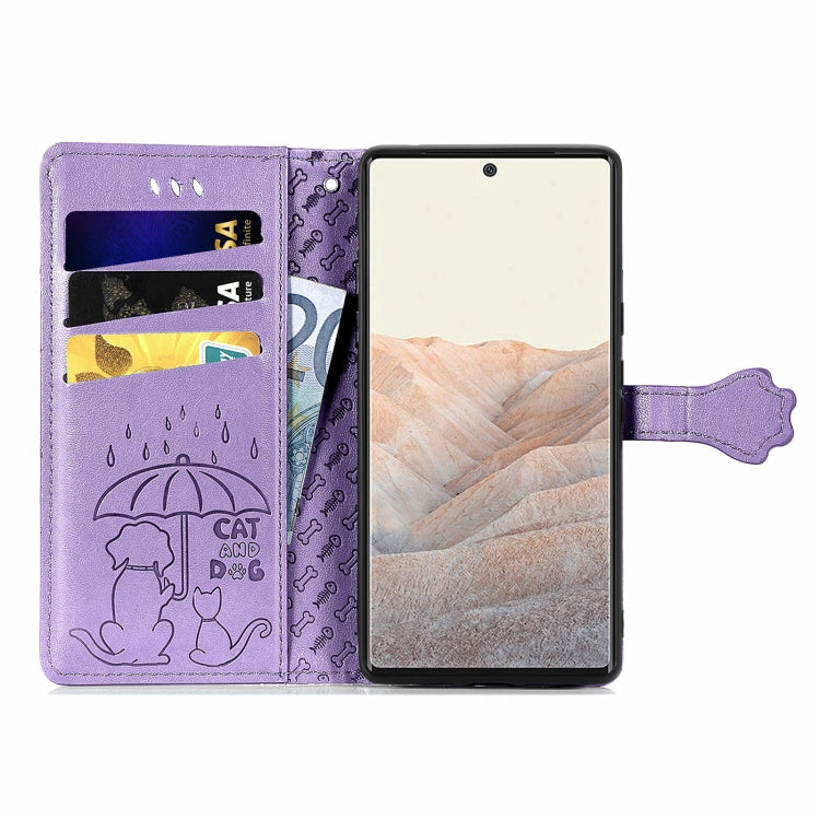For Google Pixel 6 Cat and Dog Embossed Horizontal Flip Phone Leather Case with Holder & Card Slot & Wallet & Lanyard