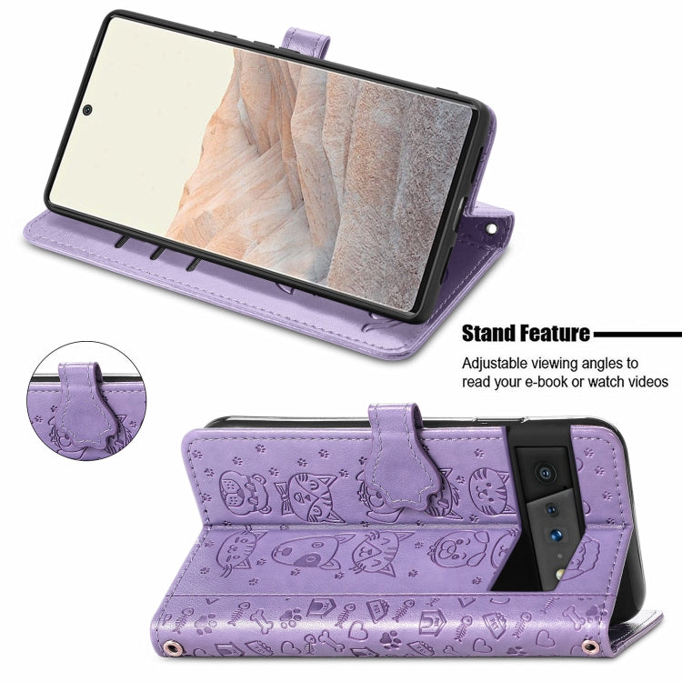 For Google Pixel 6 Cat and Dog Embossed Horizontal Flip Phone Leather Case with Holder & Card Slot & Wallet & Lanyard