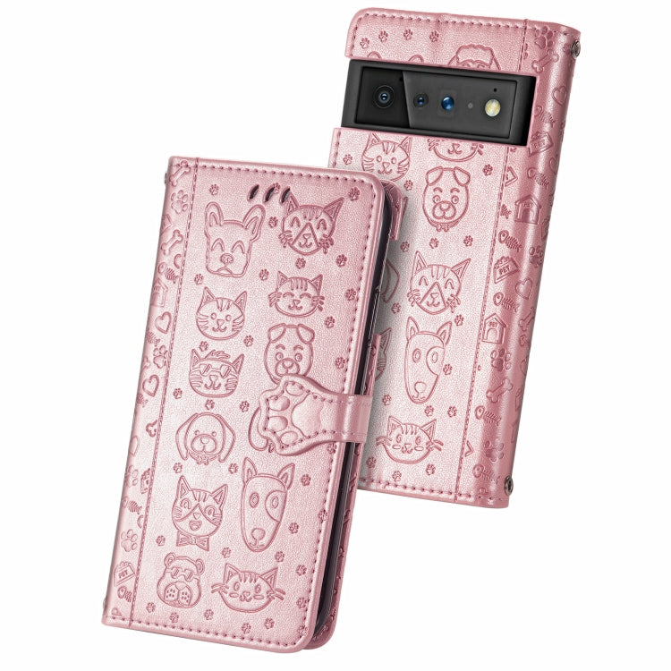 For Google Pixel 6 Cat and Dog Embossed Horizontal Flip Phone Leather Case with Holder & Card Slot & Wallet & Lanyard
