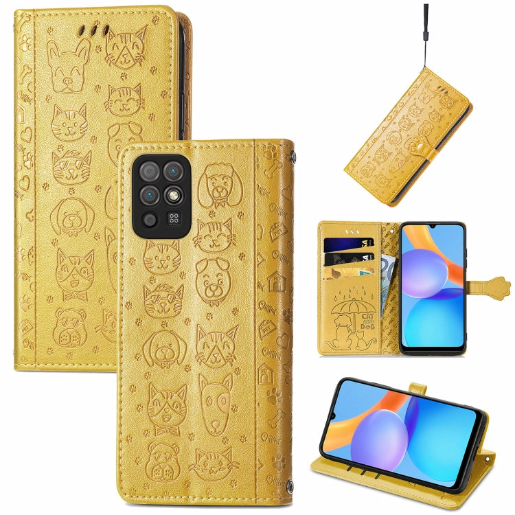 For Honor Play 5T Youth Cat and Dog Embossed Horizontal Flip Phone Leather Case with Holder & Card Slot & Wallet & Lanyard
