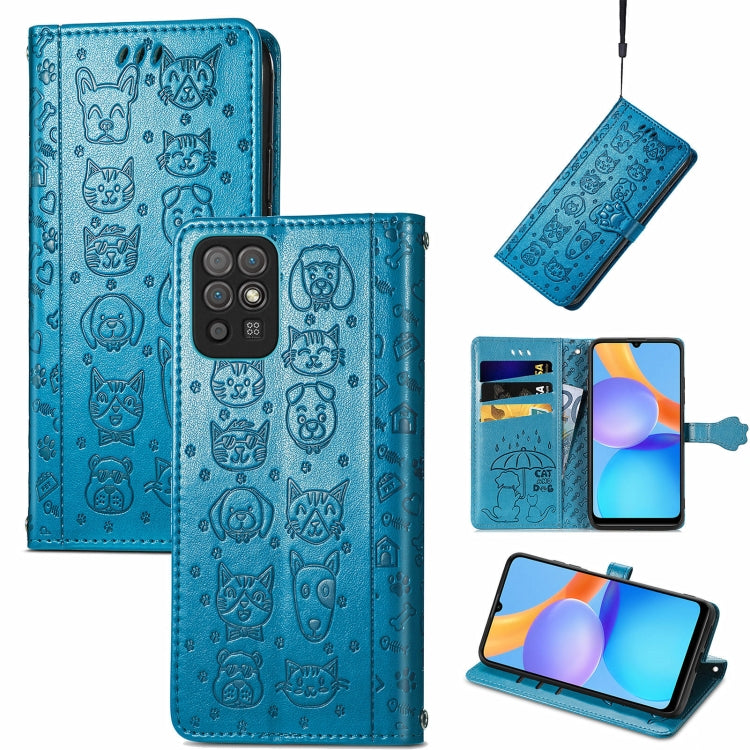 For Honor Play 5T Youth Cat and Dog Embossed Horizontal Flip Phone Leather Case with Holder & Card Slot & Wallet & Lanyard