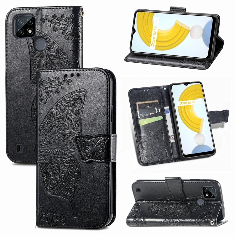 For OPPO Realme C21Y Butterfly Love Flowers Embossed Horizontal Flip Leather Case with Holder & Card Slots & Wallet & Lanyard