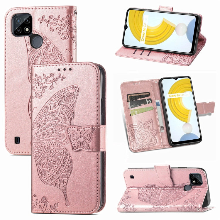For OPPO Realme C21Y Butterfly Love Flowers Embossed Horizontal Flip Leather Case with Holder & Card Slots & Wallet & Lanyard