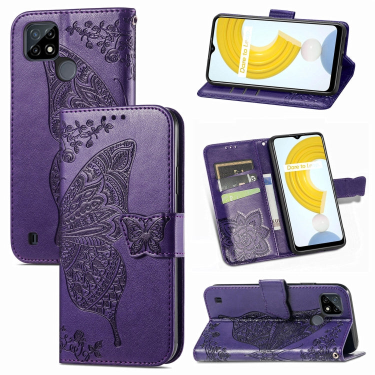 For OPPO Realme C21Y Butterfly Love Flowers Embossed Horizontal Flip Leather Case with Holder & Card Slots & Wallet & Lanyard