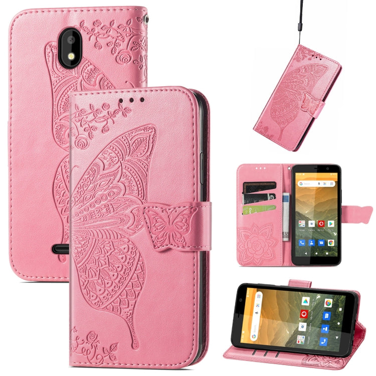 For Vodafone Smart E11 Butterfly Love Flowers Embossed Horizontal Flip Leather Case with Holder & Card Slots & Wallet & Lanyard