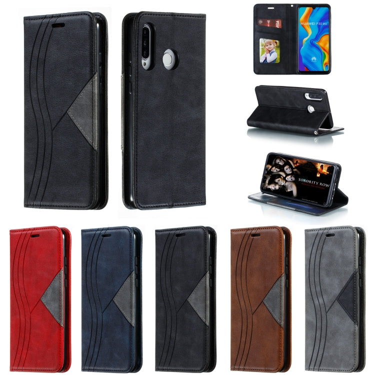 For Huawei P30 Lite / Nova 4e Splicing Color Magnetic Hem Horizontal Flip Leather Case with Holder & Card Slots