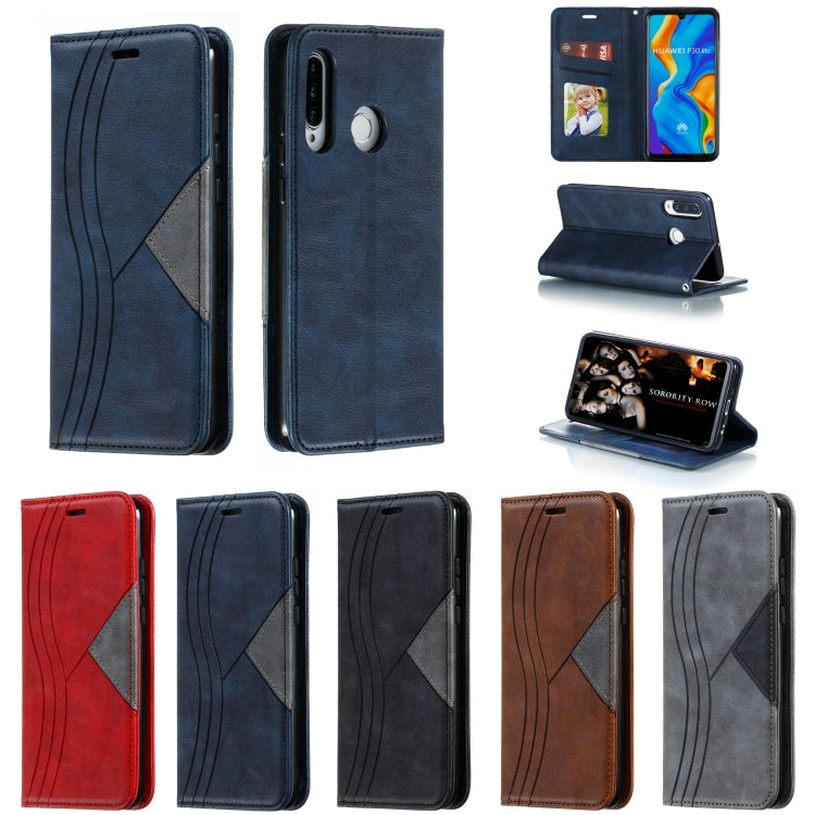 For Huawei P30 Lite / Nova 4e Splicing Color Magnetic Hem Horizontal Flip Leather Case with Holder & Card Slots