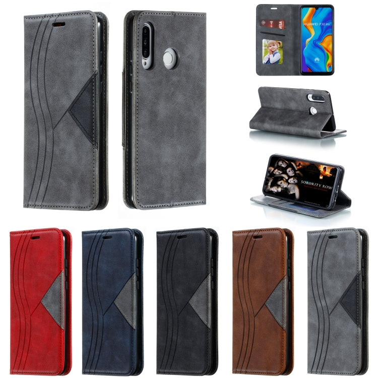 For Huawei P30 Lite / Nova 4e Splicing Color Magnetic Hem Horizontal Flip Leather Case with Holder & Card Slots