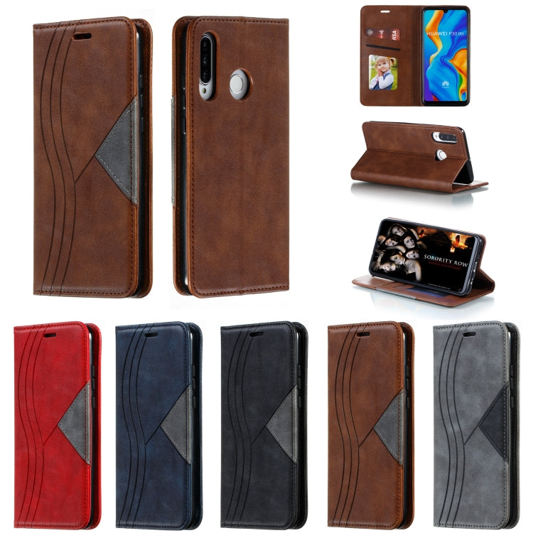 For Huawei P30 Lite / Nova 4e Splicing Color Magnetic Hem Horizontal Flip Leather Case with Holder & Card Slots
