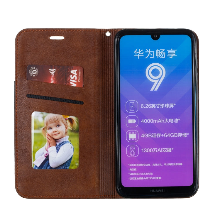 For Huawei Y7 2019 / Enjoy 9 / Y7 Prime 2019 / Y7 Pro 2019 Splicing Color Magnetic Hem Horizontal Flip Leather Case with Holder & Card Slots