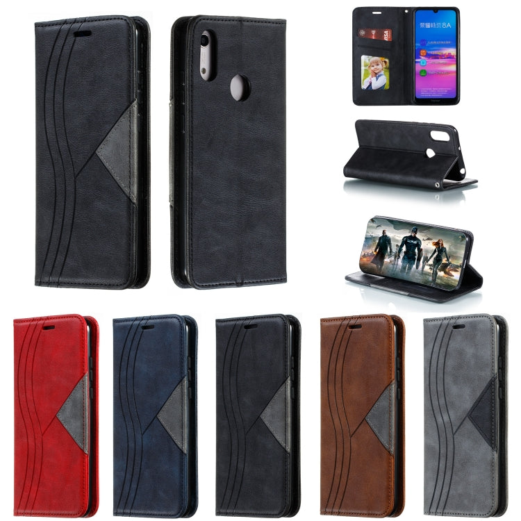 For Huawei Y6 (2019) / Enjoy 9e / Y6 Pro (2019) / Honor Play 8A Splicing Color Magnetic Hem Horizontal Flip Leather Case with Holder & Card Slots