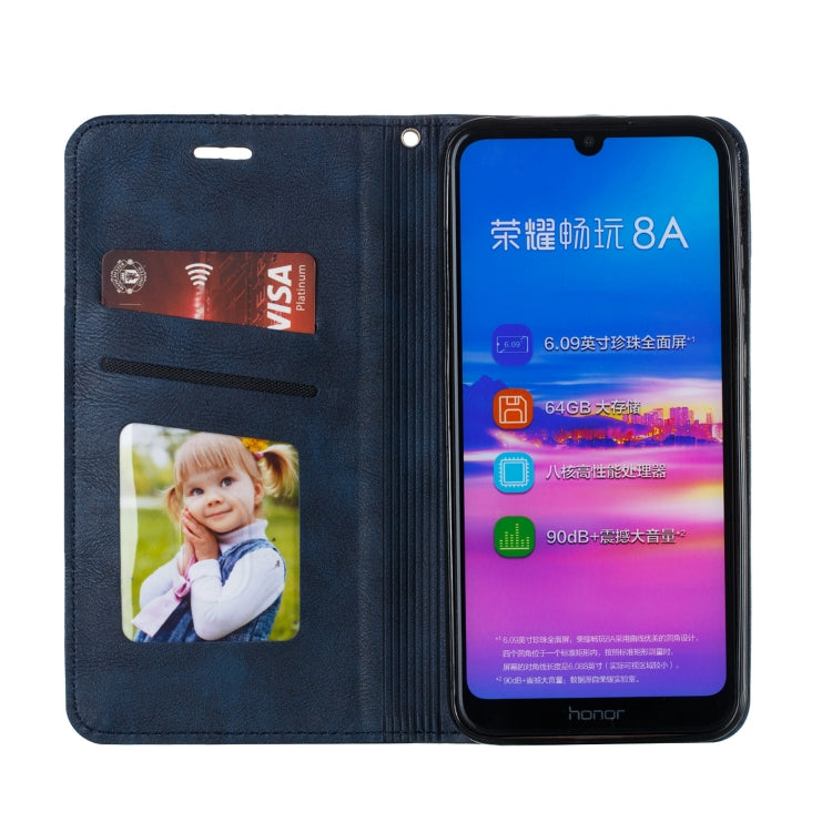 For Huawei Y6 (2019) / Enjoy 9e / Y6 Pro (2019) / Honor Play 8A Splicing Color Magnetic Hem Horizontal Flip Leather Case with Holder & Card Slots