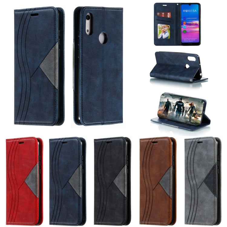 For Huawei Y6 (2019) / Enjoy 9e / Y6 Pro (2019) / Honor Play 8A Splicing Color Magnetic Hem Horizontal Flip Leather Case with Holder & Card Slots