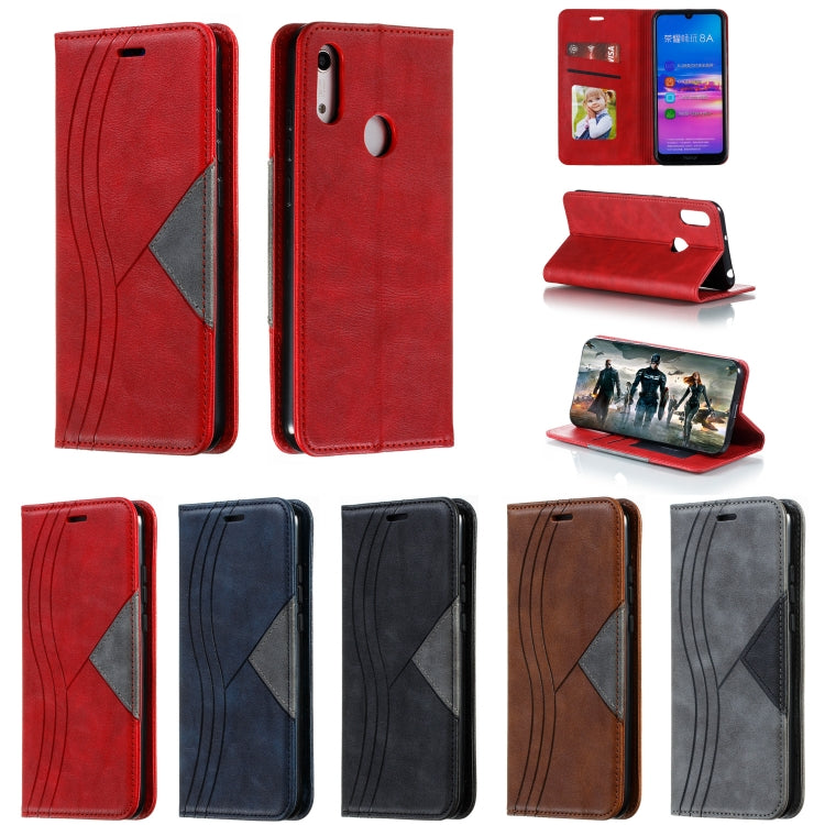 For Huawei Y6 (2019) / Enjoy 9e / Y6 Pro (2019) / Honor Play 8A Splicing Color Magnetic Hem Horizontal Flip Leather Case with Holder & Card Slots