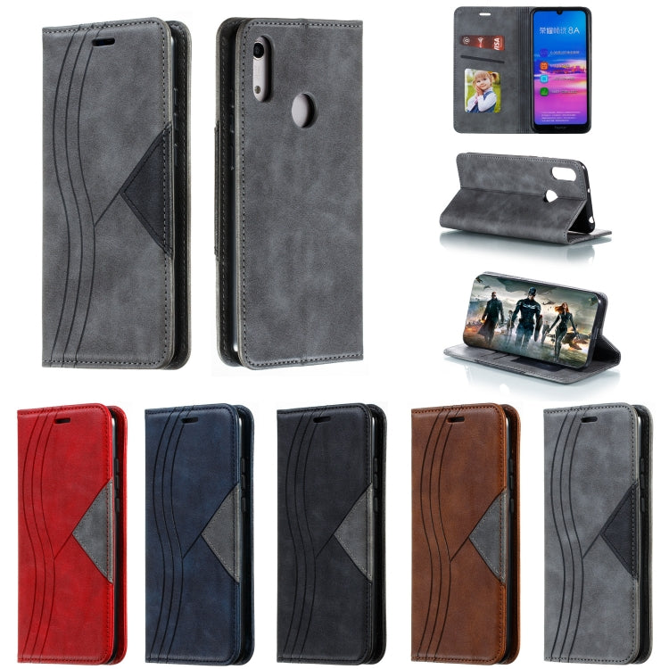 For Huawei Y6 (2019) / Enjoy 9e / Y6 Pro (2019) / Honor Play 8A Splicing Color Magnetic Hem Horizontal Flip Leather Case with Holder & Card Slots