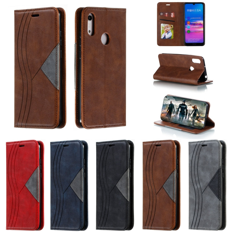 For Huawei Y6 (2019) / Enjoy 9e / Y6 Pro (2019) / Honor Play 8A Splicing Color Magnetic Hem Horizontal Flip Leather Case with Holder & Card Slots