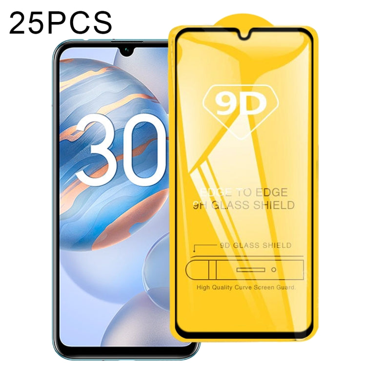 For Honor 30i 25 PCS 9D Full Glue Full Screen Tempered Glass Film