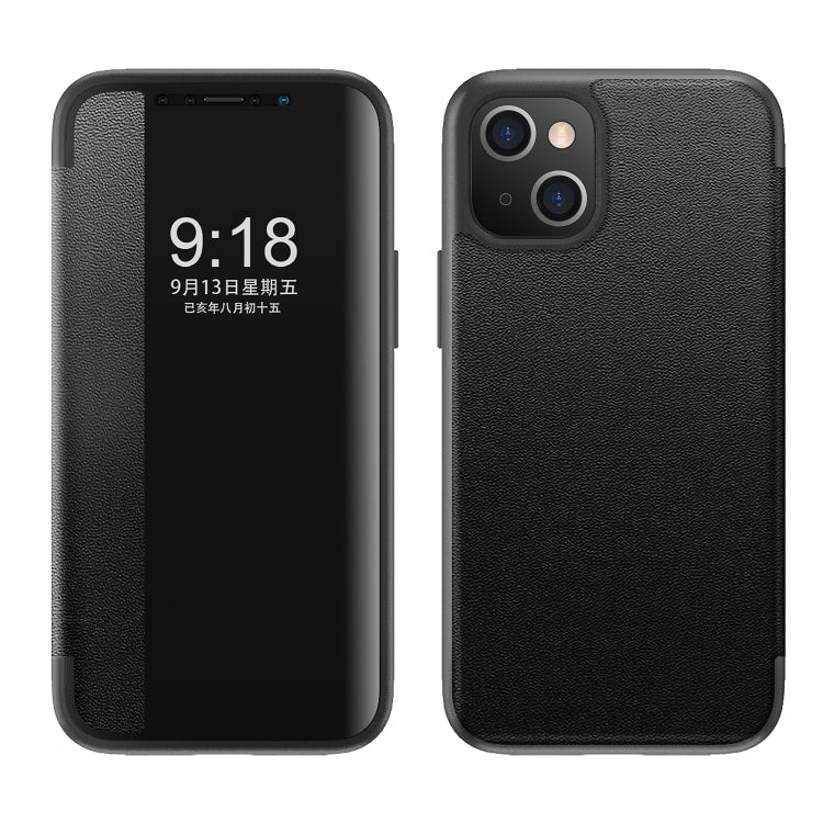 For iPhone 13 mini Magnetic Side Window View Shockproof Horizontal Flip Leather Case