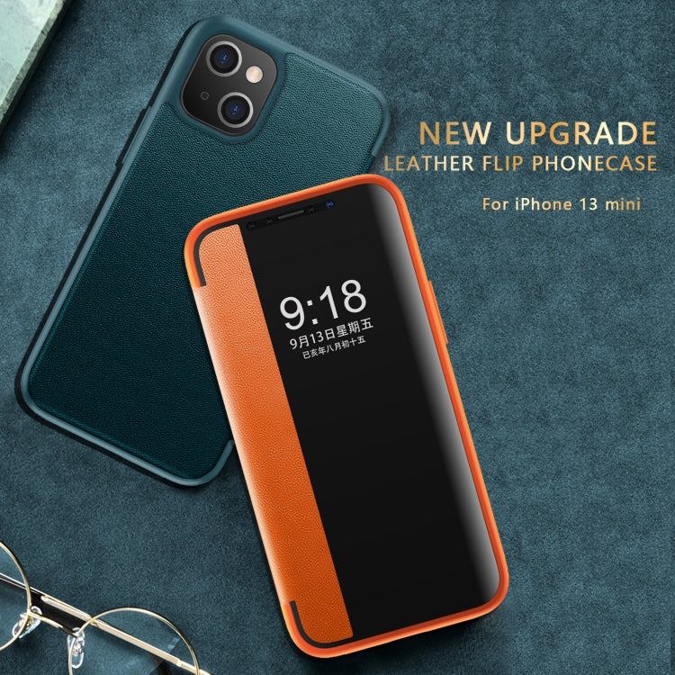 For iPhone 13 mini Magnetic Side Window View Shockproof Horizontal Flip Leather Case