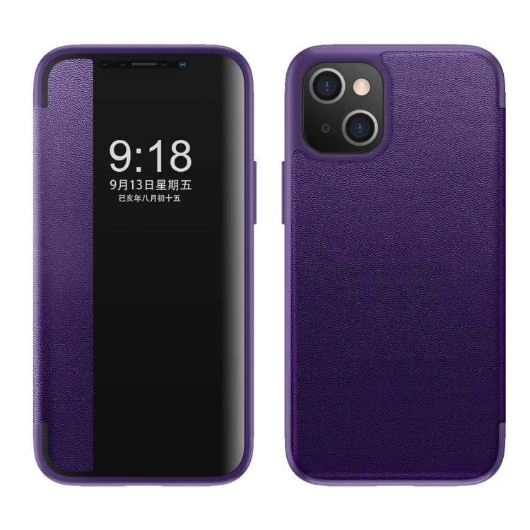 For iPhone 13 mini Magnetic Side Window View Shockproof Horizontal Flip Leather Case