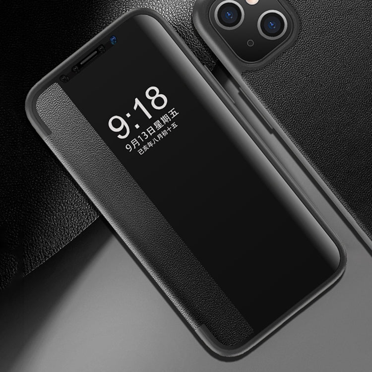For iPhone 13 Magnetic Side Window View Shockproof Horizontal Flip Leather Case