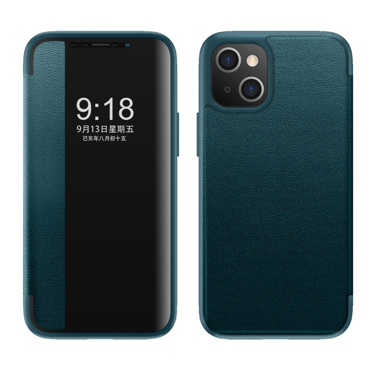 For iPhone 13 Magnetic Side Window View Shockproof Horizontal Flip Leather Case
