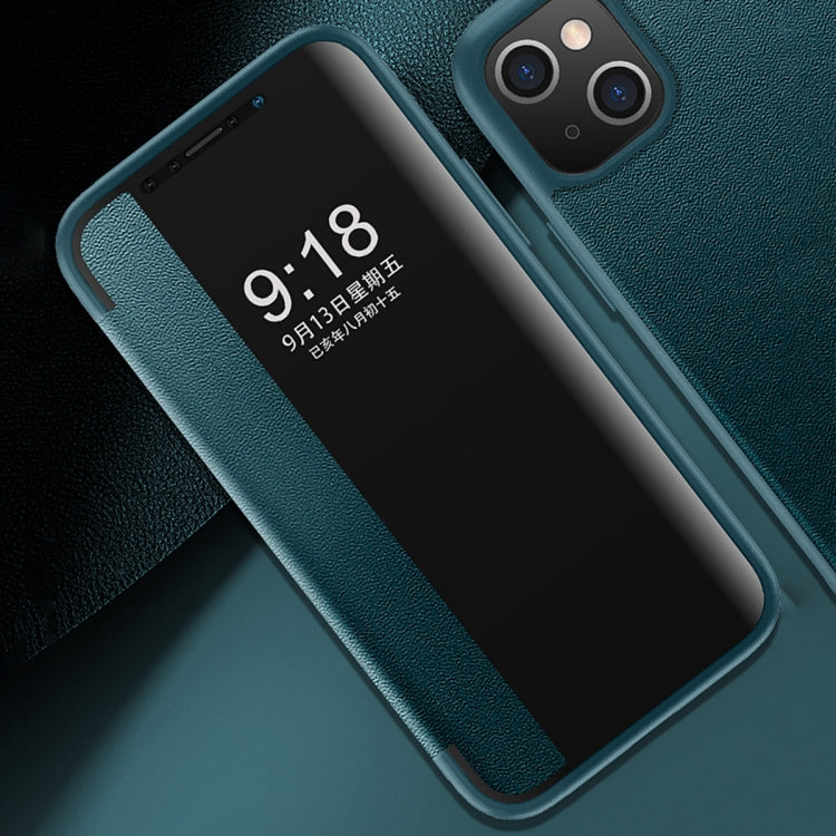 For iPhone 13 Magnetic Side Window View Shockproof Horizontal Flip Leather Case
