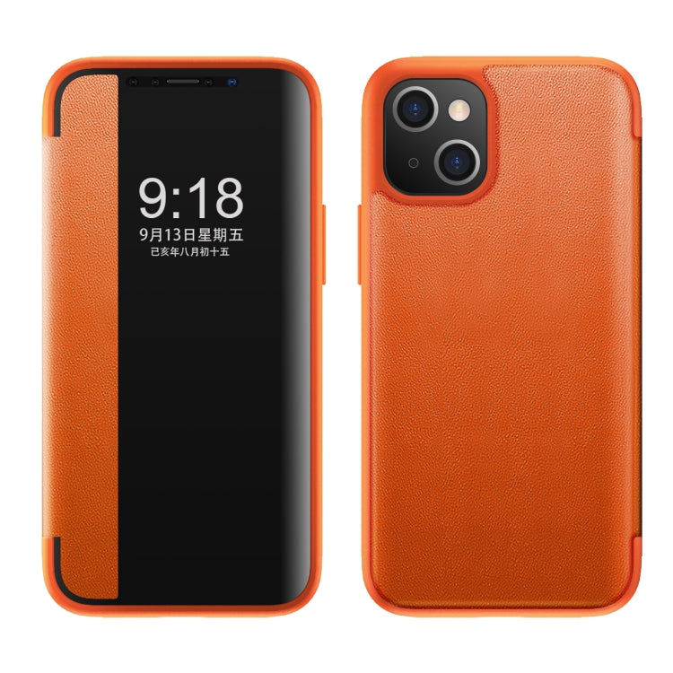 For iPhone 13 Magnetic Side Window View Shockproof Horizontal Flip Leather Case