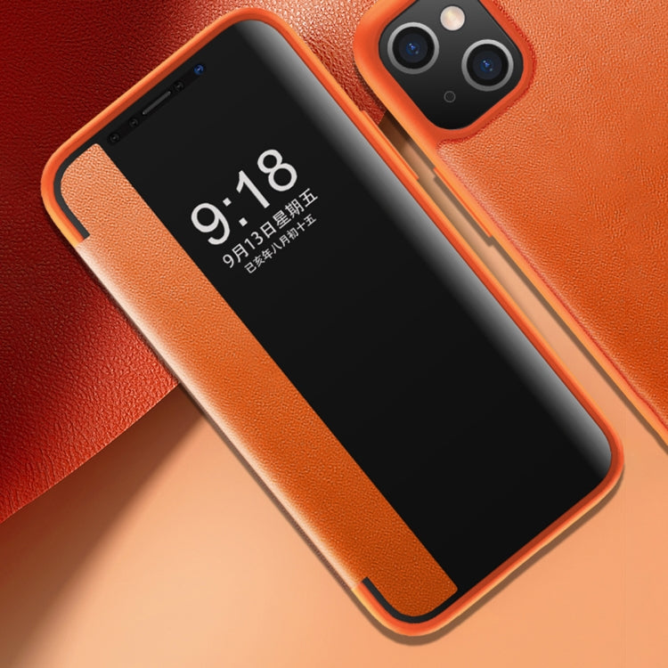 For iPhone 13 Magnetic Side Window View Shockproof Horizontal Flip Leather Case