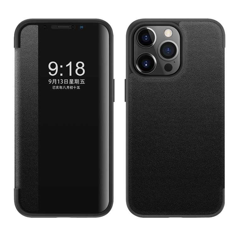 For iPhone 13 Pro Magnetic Side Window View Shockproof Horizontal Flip Leather Case