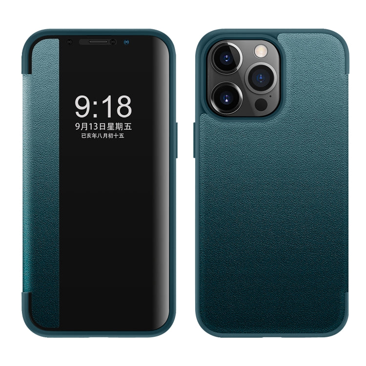 For iPhone 13 Pro Magnetic Side Window View Shockproof Horizontal Flip Leather Case