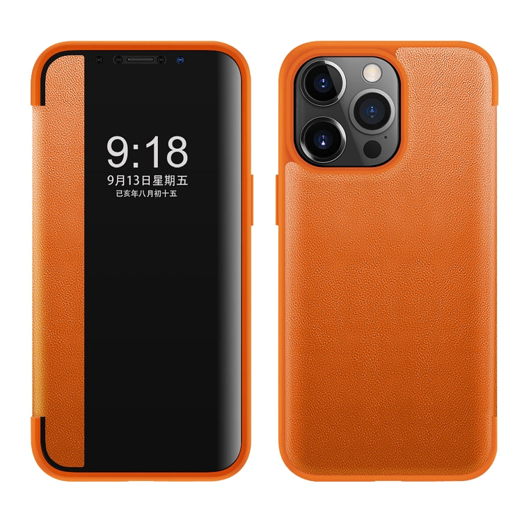 For iPhone 13 Pro Magnetic Side Window View Shockproof Horizontal Flip Leather Case